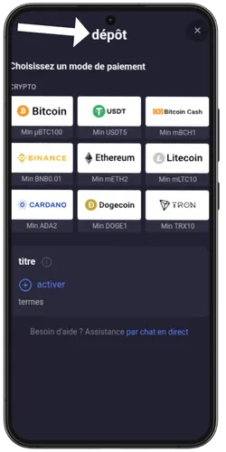 Page de dépôt casino avec options cryptomonnaies