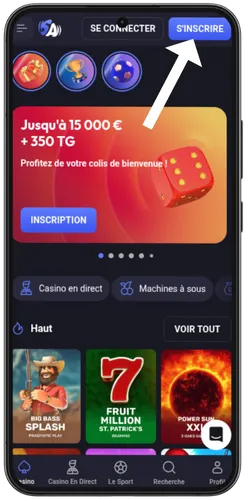 Bouton S'inscrire sur l'application casino mobile