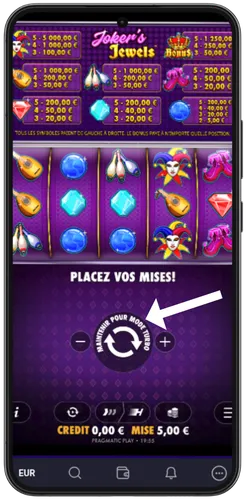 Bouton Spin sur machine à sous classique mobile